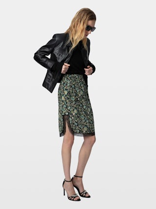 Skirt Jozy 100% Silk - Mid-length lingerie-inspired silk skirt with slit, floral print and lace trims.