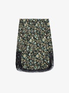 Jozy Skirt 100% Silk - Women’s black silk lingerie-style midi skirt with split, floral print and lace trim.
