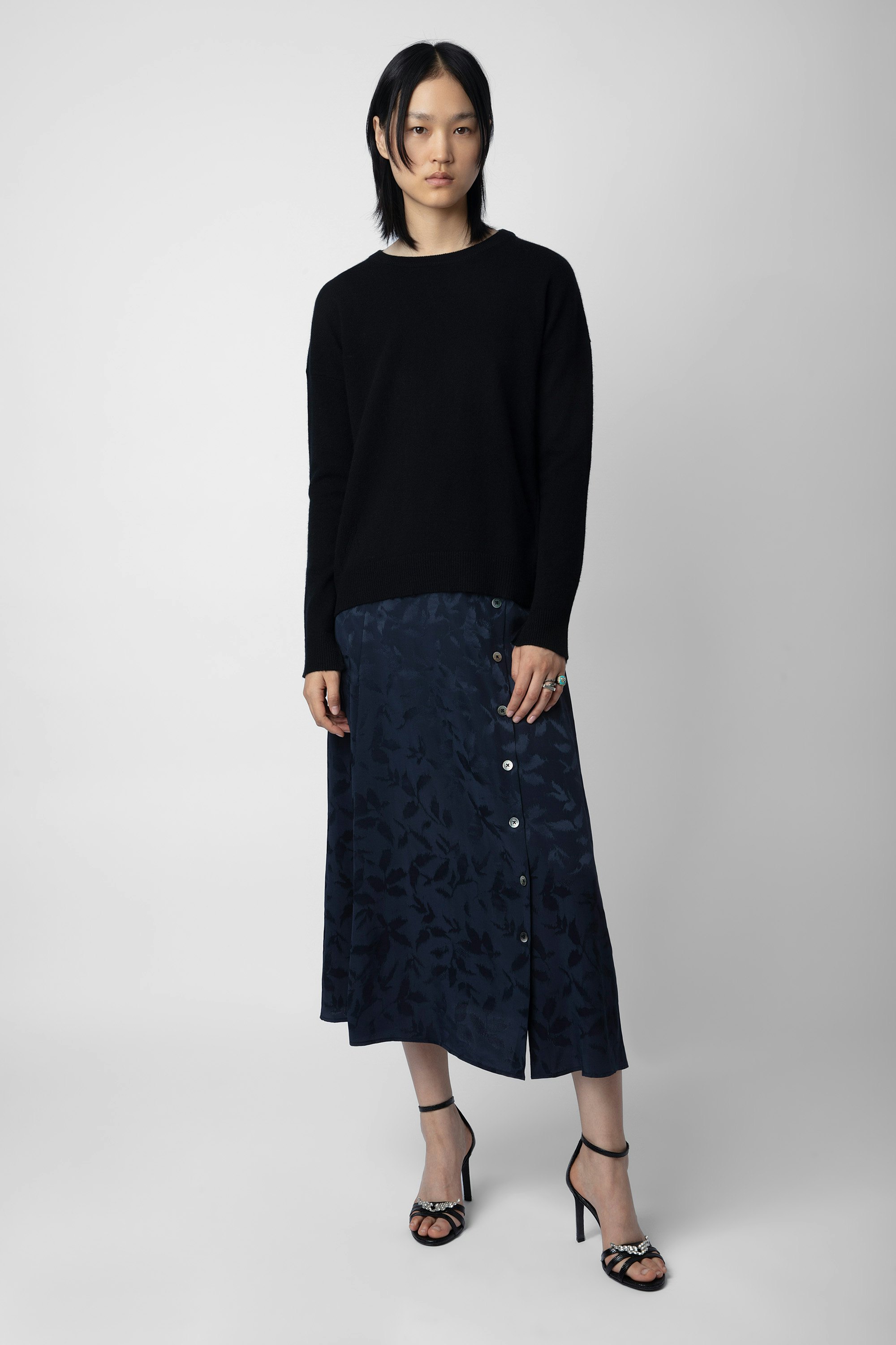 June Silk Jacquard Skirt - Women’s long navy blue silk buttoned skirt with jacquard star.