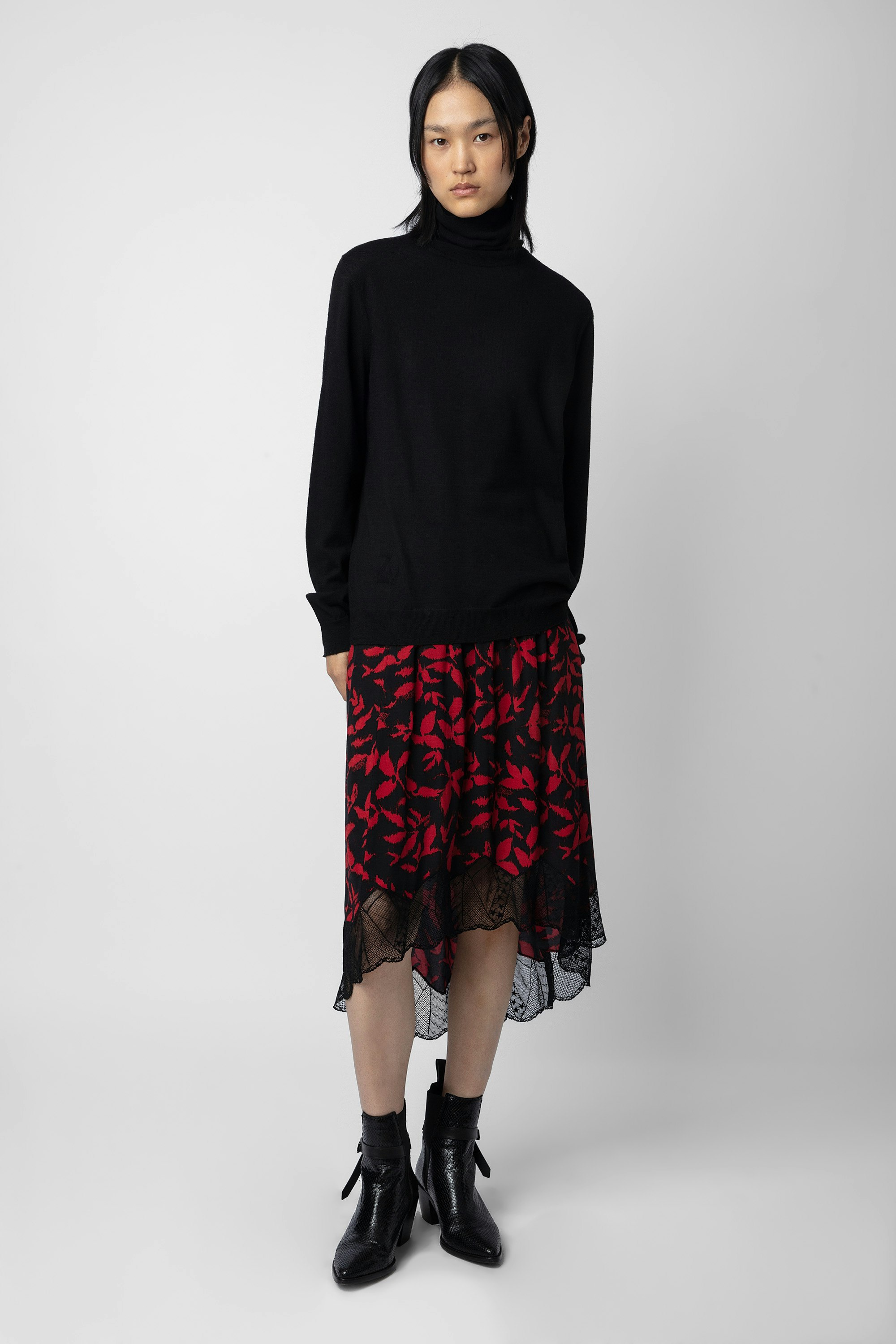 Joslin Skirt - Women’s black floral-print midi skirt with lace trim.