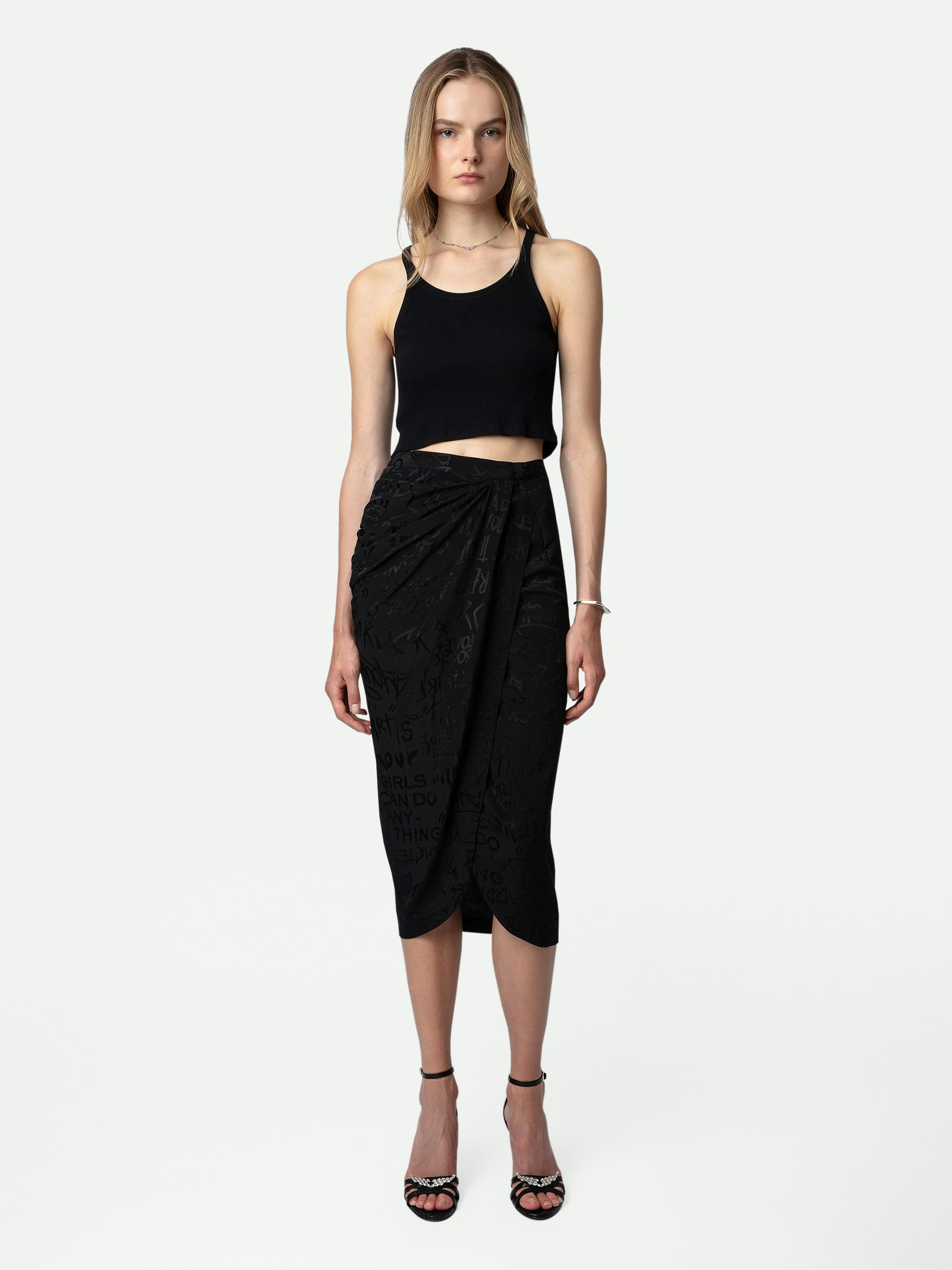 Jamelia Silk Jacquard Skirt - Long draped black silk skirt.