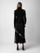 Jaylal Silk Skirt - Women’s black silk skirt with lace and zip fastening, splits, and lace detailing.