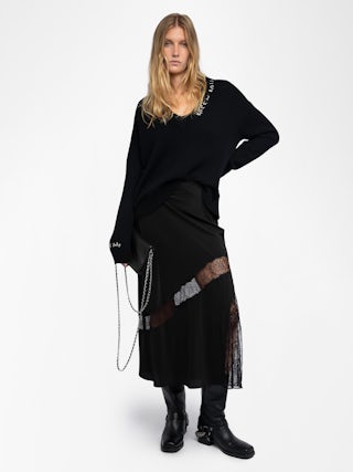 Jaylal Silk Skirt - Women’s black silk skirt with lace and zip fastening, splits, and lace detailing.