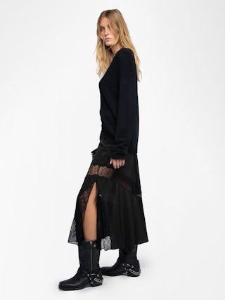 Jaylal Silk Skirt - Women’s black silk skirt with lace and zip fastening, splits, and lace detailing.