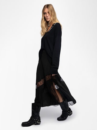 Jaylal Silk Skirt - Women’s black silk skirt with lace and zip fastening, splits, and lace detailing.