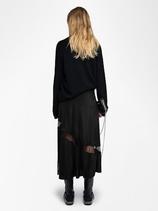 Jaylal Silk Skirt - Women’s black silk skirt with lace and zip fastening, splits, and lace detailing.