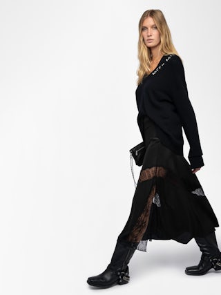 Jaylal Silk Skirt - Women’s black silk skirt with lace and zip fastening, splits, and lace detailing.