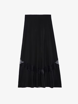 Jaylal Silk Skirt - Women’s black silk skirt with lace and zip fastening, splits, and lace detailing.