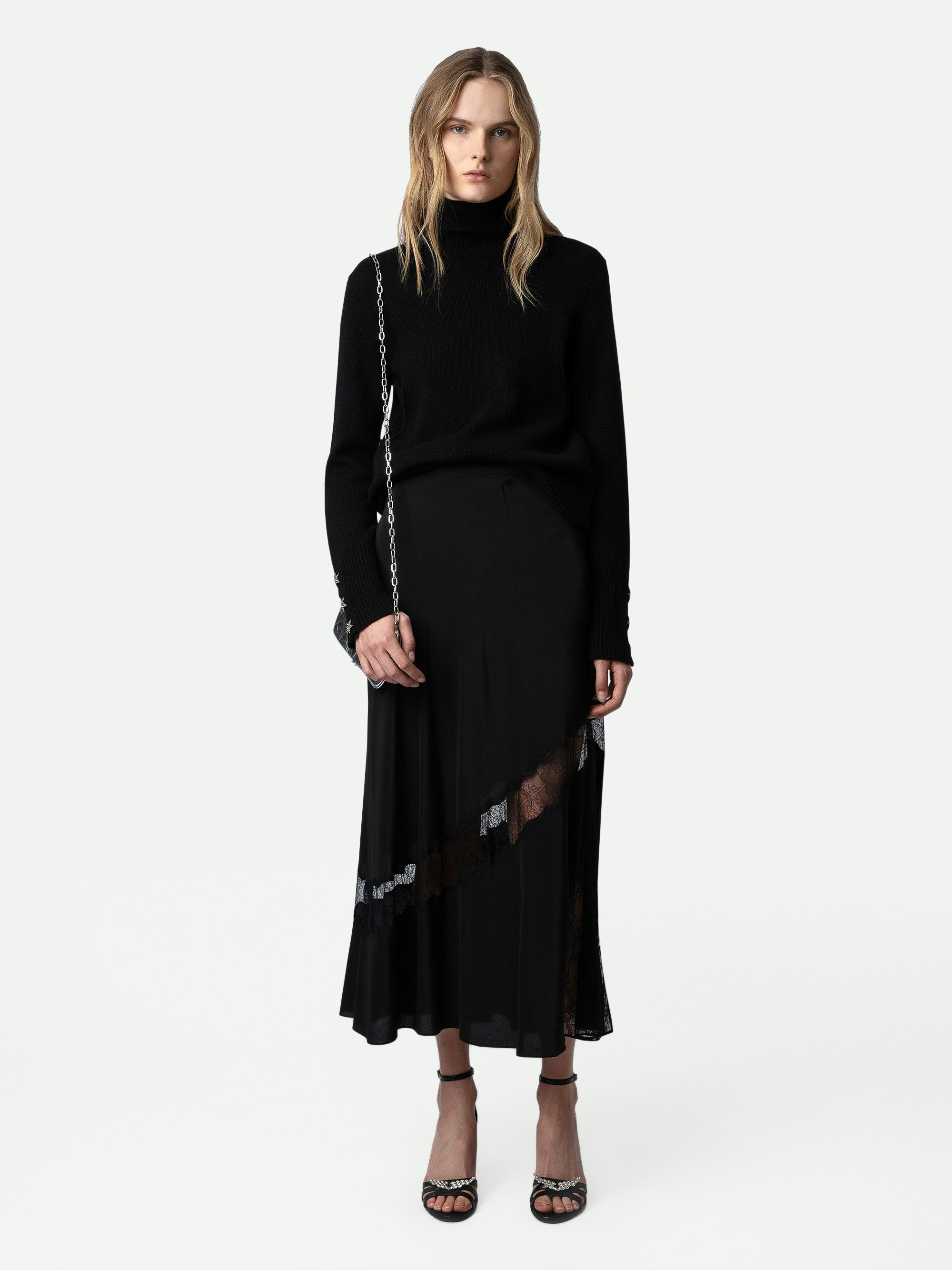 Jaylal Silk Skirt - Women’s black silk long skirt with zip fastening, splits and lace detailing.