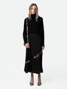 Jaylal Silk Skirt - Women’s black silk skirt with lace and zip fastening, splits, and lace detailing.