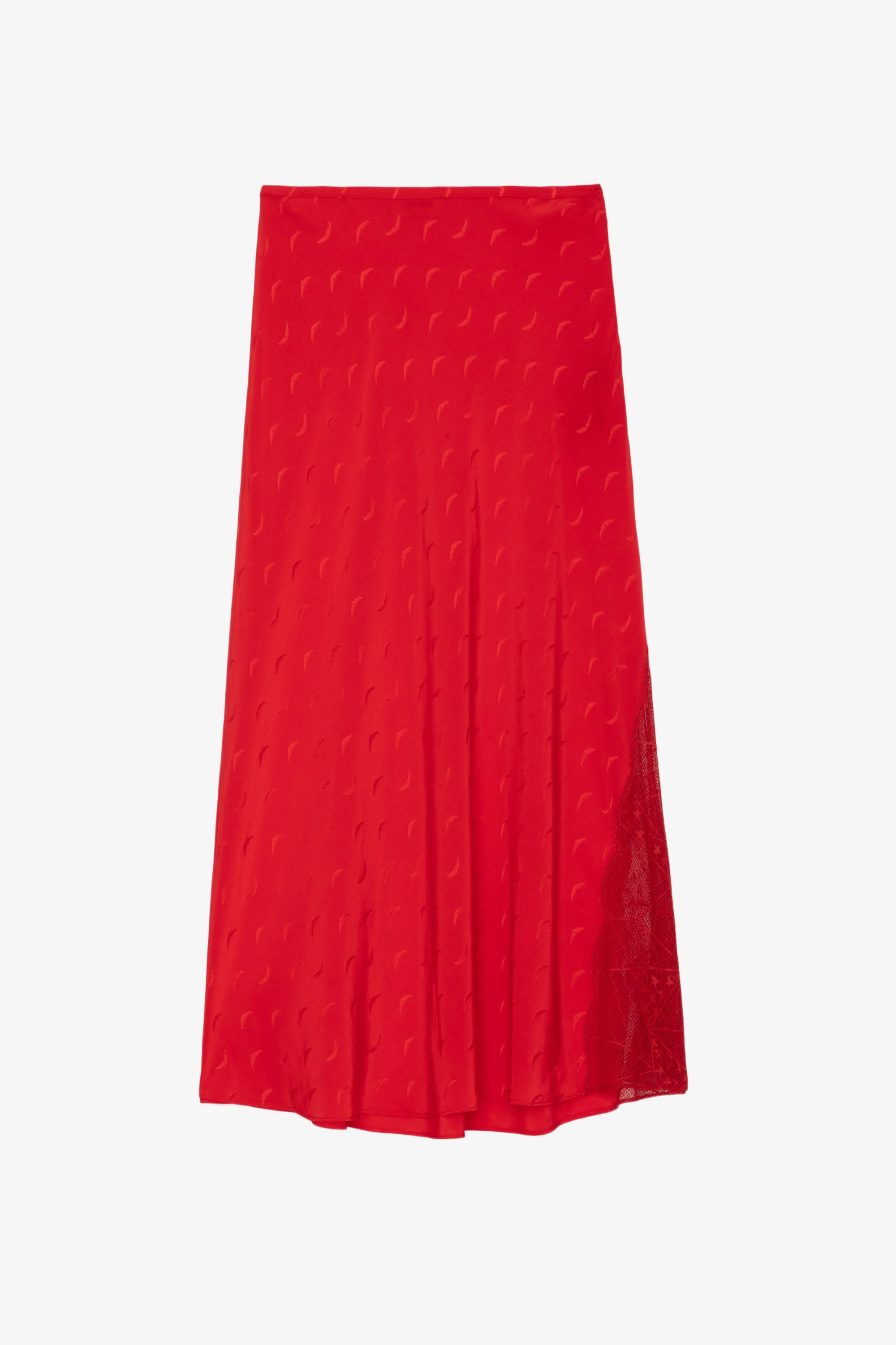 Jayla Skirt - Women’s red silk midi skirt with zip fastening, all over wing pattern, and side slit with lace detail.