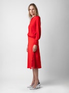 Jayla Skirt - Women’s red silk midi skirt with zip fastening, all over wing pattern, and side slit with lace detail.