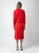 Jayla Skirt - Women’s red silk midi skirt with zip fastening, all over wing pattern, and side slit with lace detail.