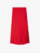 Jayla Skirt - Women’s red silk midi skirt with zip fastening, all over wing pattern, and side slit with lace detail.
