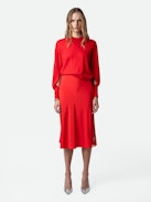 Jayla Skirt - Women’s red silk midi skirt with zip fastening, all over wing pattern, and side slit with lace detail.