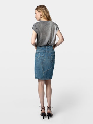 Skirt Jinko Denim - Mid-length washed denim skirt with asymmetric fastening, slit, pockets and panels.