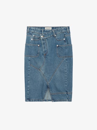 Jupe Jinko Denim - Jupe mi-longue en denim délavé à fermeture asymétrique, fente, poches et empiècements.