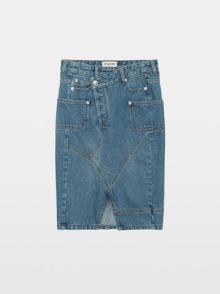 Skirt Jinko Denim - Mid-length washed denim skirt with asymmetric fastening, slit, pockets and panels.