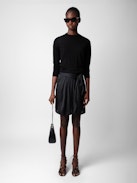 Joji Satin Skirt - Black satin miniskirt with pleats, split and tie at the waist.