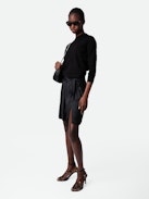 Joji Satin Skirt - Black satin miniskirt with pleats, split and tie at the waist.