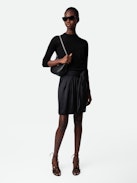 Joji Satin Skirt - Black satin miniskirt with pleats, split and tie at the waist.