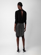 Jozy Skirt 100% Silk - Women’s black silk lingerie-style midi skirt with split, diamanté and lace trim.