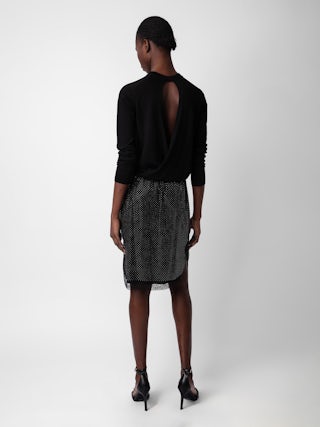 Jupe Jozy 100% Soie - Jupe mi-longue esprit lingerie en soie noire à fente, strass et bords en dentelle.