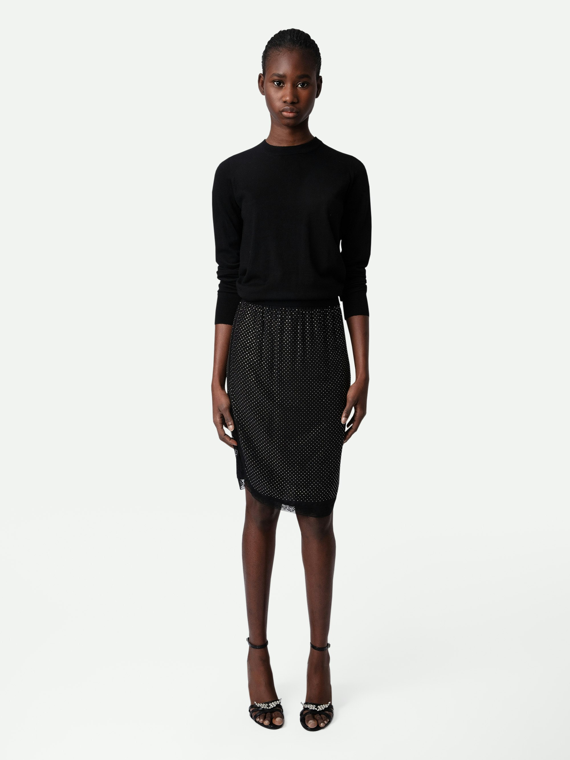 Jozy Silk Skirt - Women’s black silk lingerie-style midi skirt with split, diamanté and lace trim.