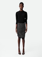 Jozy Skirt 100% Silk - Women’s black silk lingerie-style midi skirt with split, diamanté and lace trim.