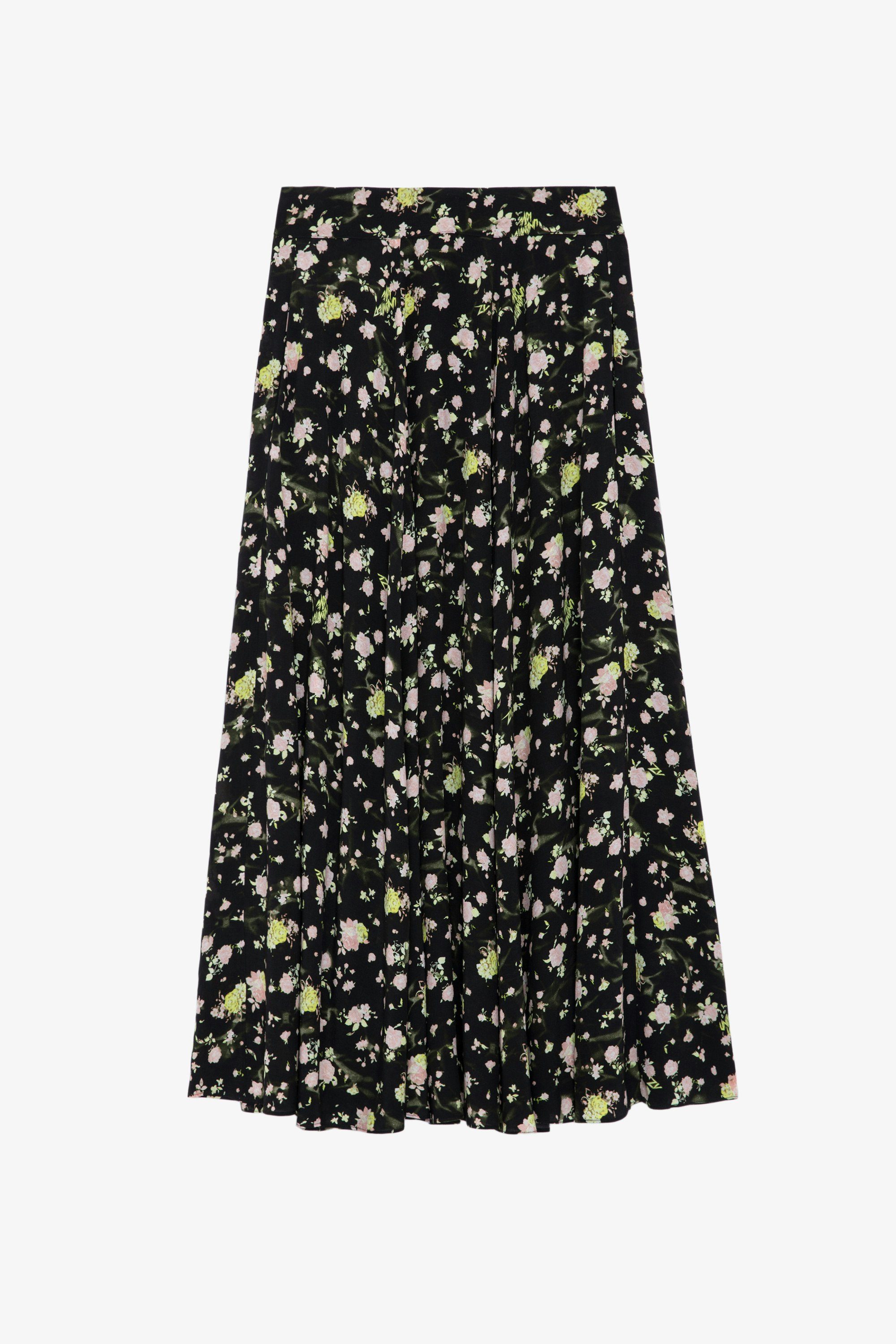Joyo Soft Crinkle Roses Skirt - Women’s long black floral-print skirt.