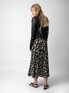 Joyo Soft Crinkle Roses Skirt - Women’s long black floral-print skirt.
