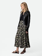 Joyo Soft Crinkle Roses Skirt - Women’s long black floral-print skirt.