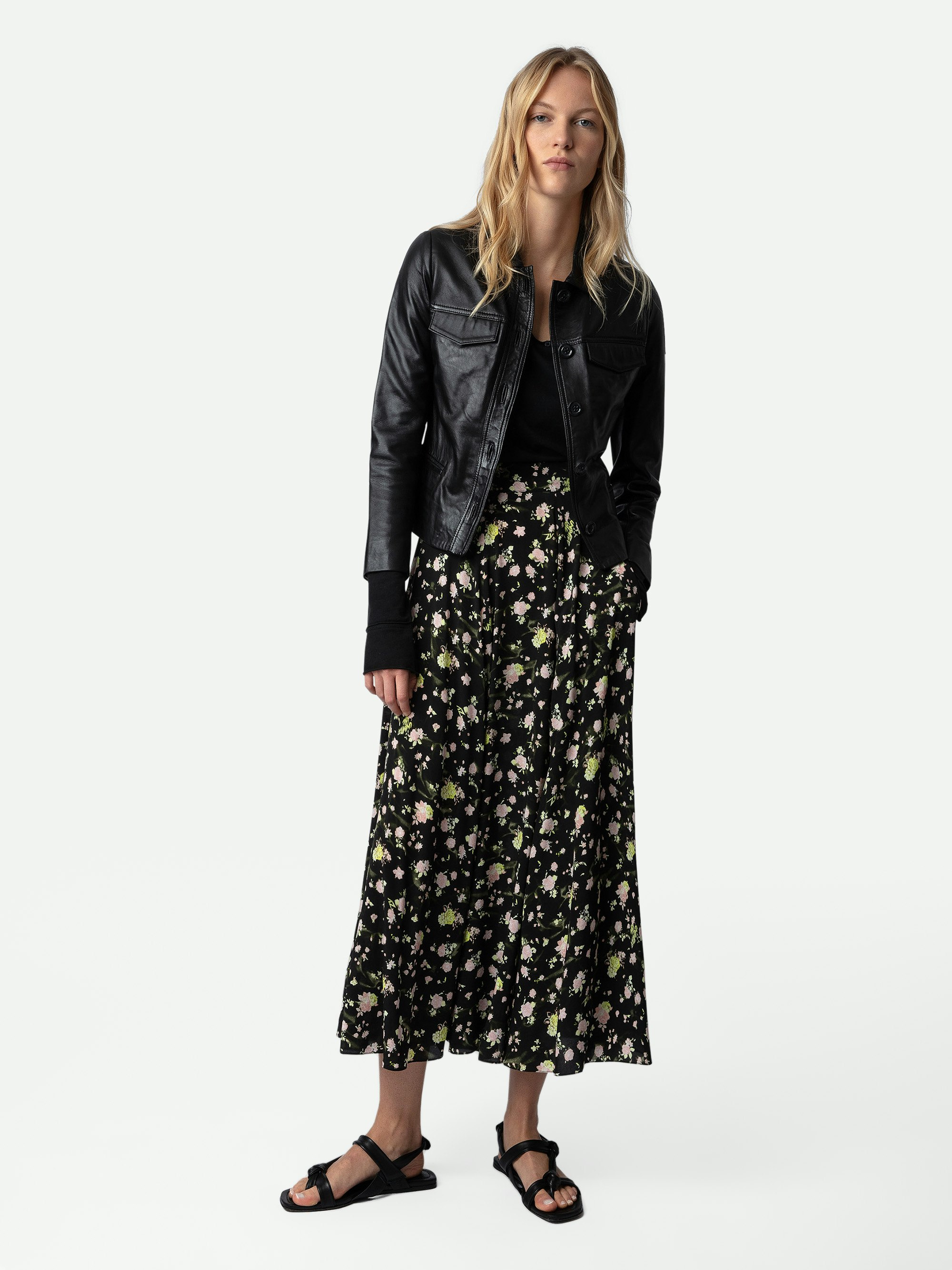 Joyo Soft Crinkle Roses Skirt - Women’s long black floral-print skirt.
