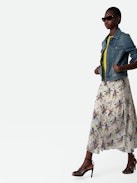 June Skirt - Pale pink long skirt with Soft Bouquet print and button closure.