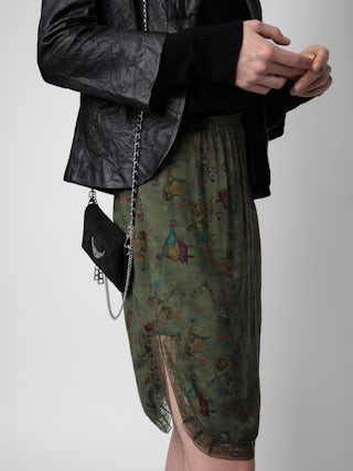 Jupe Jozy - Jupe mi-longue esprit lingerie kaki à imprimé, fente et bords en dentelle.