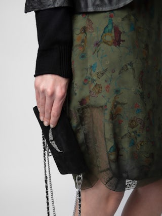 Jupe Jozy - Jupe mi-longue esprit lingerie kaki à imprimé, fente et bords en dentelle.