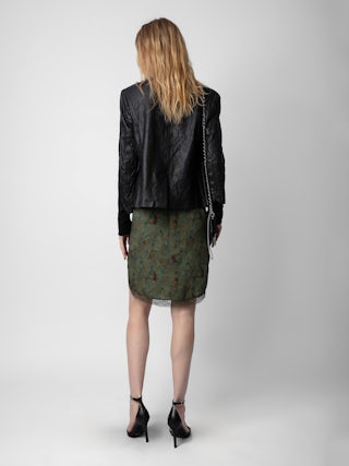 Jupe Jozy - Jupe mi-longue esprit lingerie kaki à imprimé, fente et bords en dentelle.