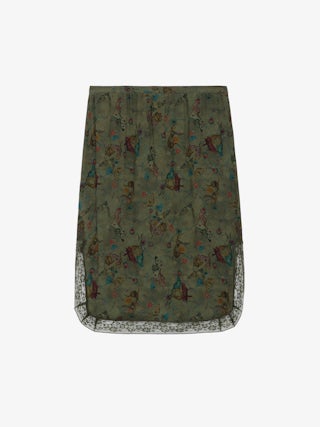 Jupe Jozy - Jupe mi-longue esprit lingerie kaki à imprimé, fente et bords en dentelle.