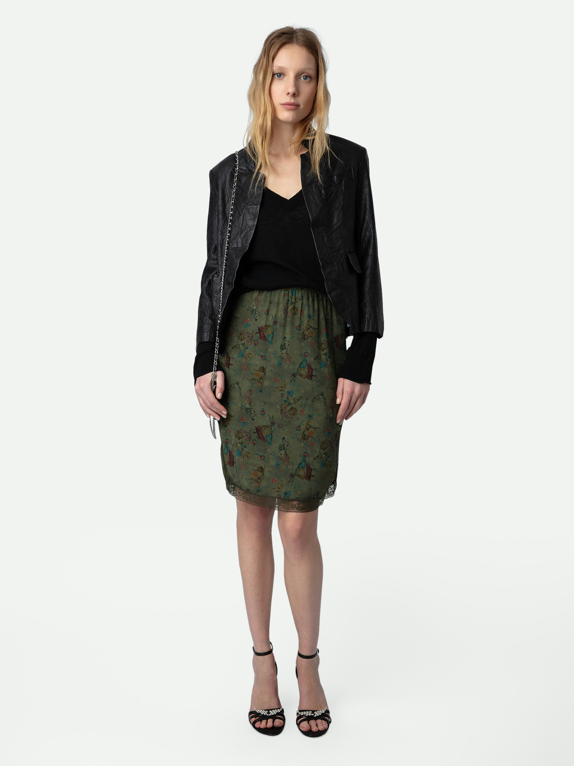 Jozy Skirt - Printed khaki lingerie-style midi skirt with split and lace trim.