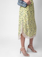 Joslina Skirt - Women's yellow floral midi skirt with lace hem.