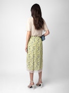 Joslina Skirt - Women's yellow floral midi skirt with lace hem.