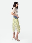 Joslina Skirt - Women's yellow floral midi skirt with lace hem.