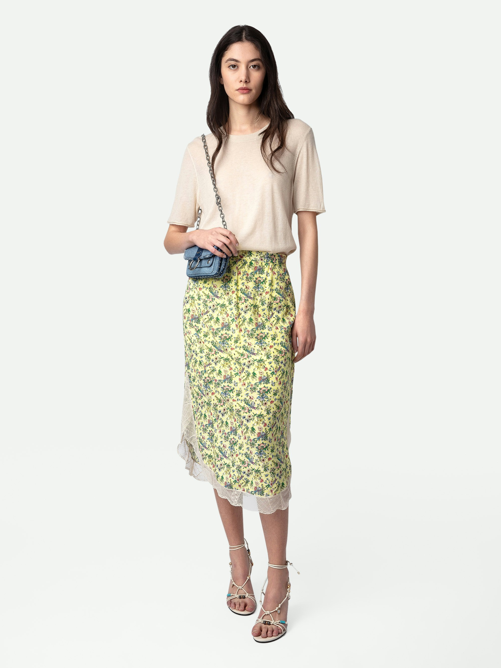 Joslina Skirt - Women's yellow floral midi skirt with lace hem.