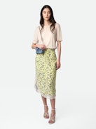 Joslina Skirt - Women's yellow floral midi skirt with lace hem.