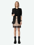 Justicias Skirt - Gold miniskirt with sequins and lace.