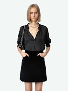 Jinette Velvet Skirt - Black velvet mini skirt with pockets and zip fastening.