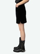 Jinette Velvet Skirt - Black velvet mini skirt with pockets and zip fastening.