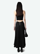 Jeanne Long Skirt 100% Silk Jacquard - Asymmetrical long skirt in leopard jacquard silk with V-cut and jewel buttons on the back.