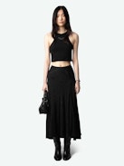 Jeanne Long Skirt 100% Silk Jacquard - Asymmetrical long skirt in leopard jacquard silk with V-cut and jewel buttons on the back.
