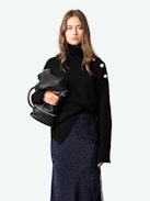 Jayla Leopard Silk Jacquard Skirt - Mid-length skirt in navy blue silk with leopard jacquard and lace-trimmed slits.